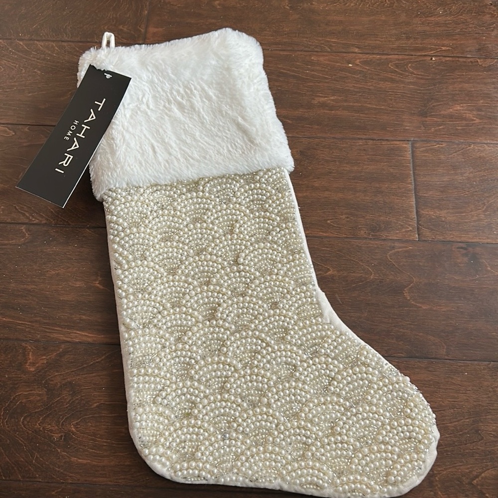 Tahari Beaded Stocking Christmas Faux Fur 22” New Ivory